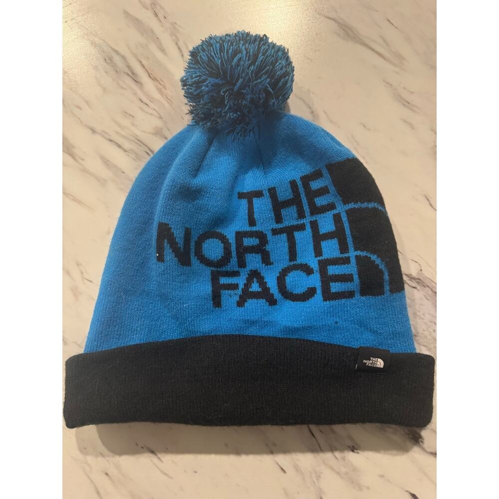 The North Face Pom Beanie Blue Black Logo Cuffed Knit Winter Hat‎ Adult One Size